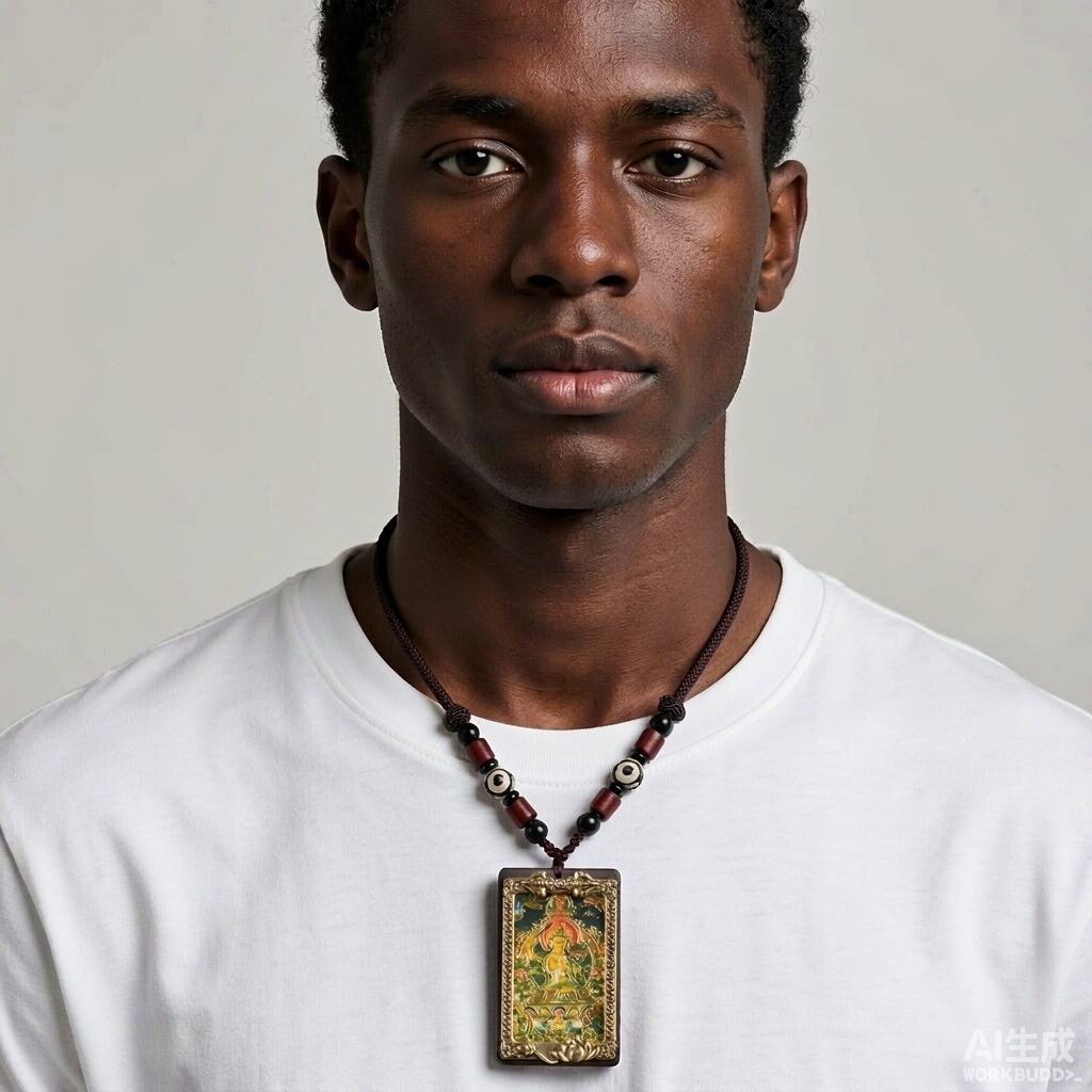 Gold Amulet Pendant with Ebony Wood Tag Necklace