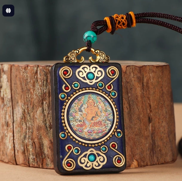 Hand-painted Tibetan amulet pendant necklace with turquoise bead and braided cord